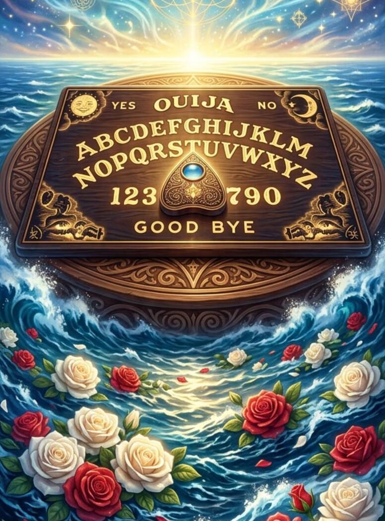 Illustrazione simbolica di una tavola Ouija tra cielo e mare